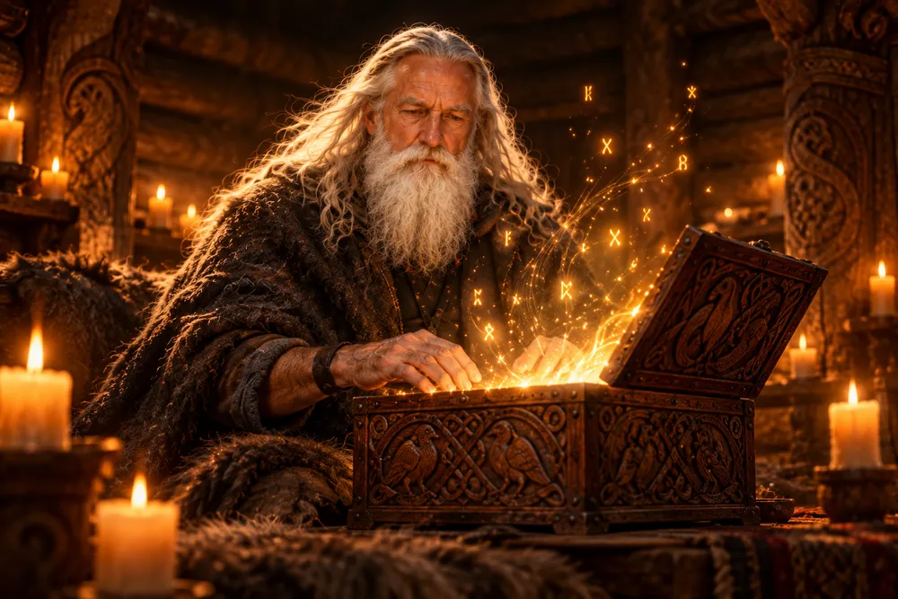 The Virsilipas song-chest of the Kalevala, glowing as it opens